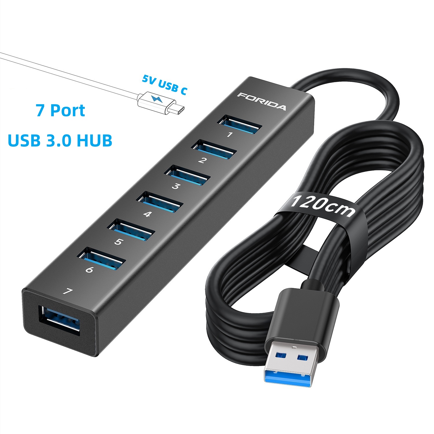 Laptop Accessories Hub - FORIDA Aluminum 7 Ports 5Gbps HUB