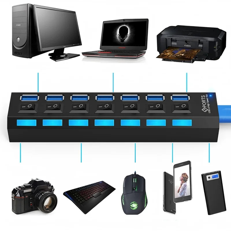 7 Ports USB 2.0 Hub LED 5Gbps  - مراجعة Laptop Accessories Hub وسعره